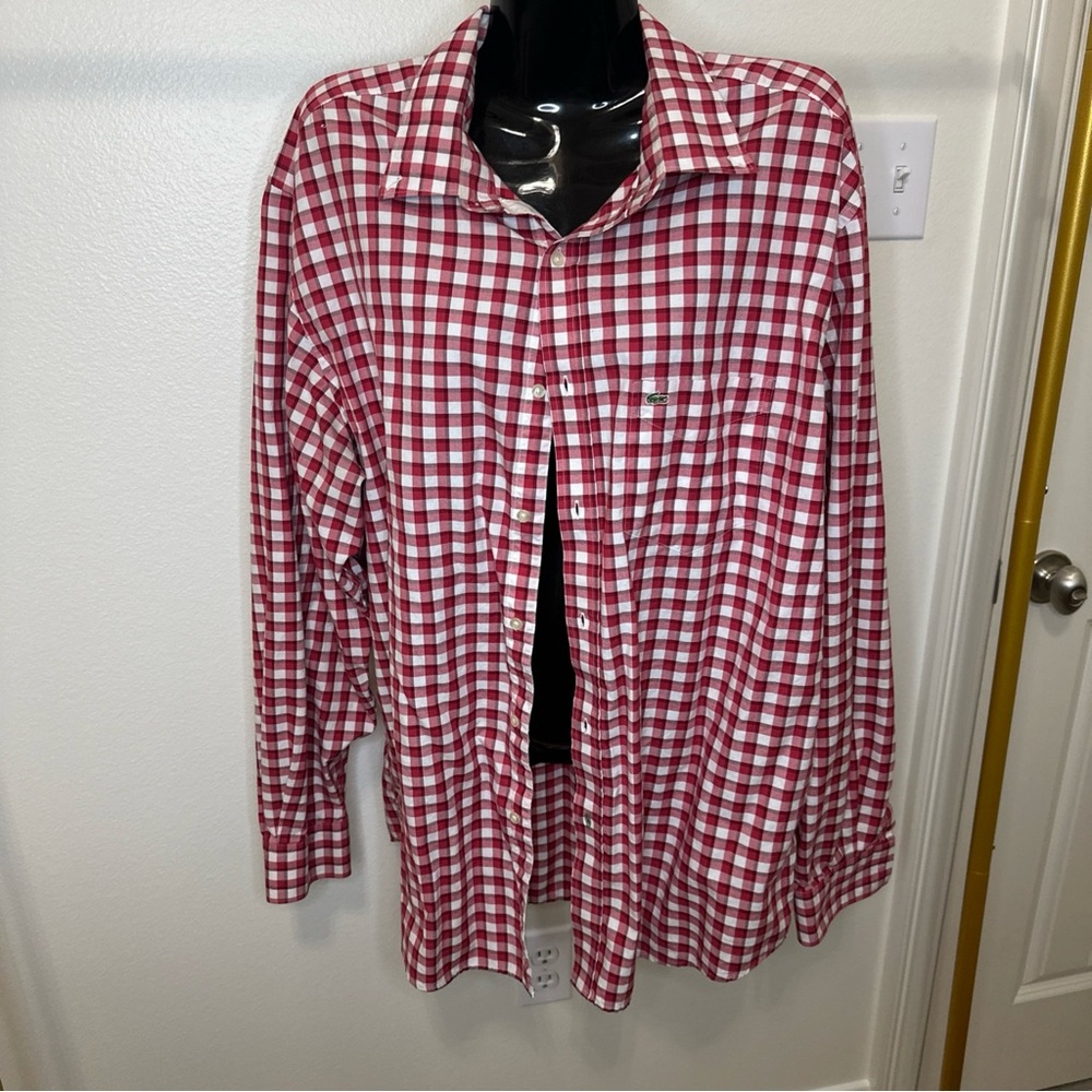 Lacoste Red and White Plaid Men's Shirt Size 44 regular fit